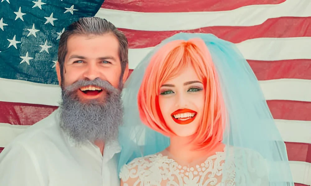 A married couple smiling with a large, American flag in the background.