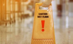A man's hand placing down a yellow wet floor caution sign in a hallway.