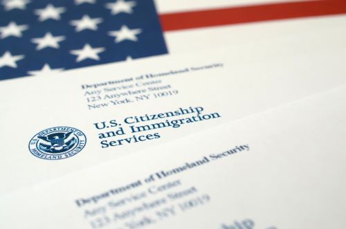 US Citizen and Immigration documents with an American flag background.