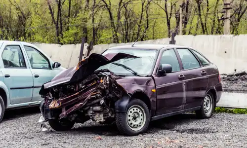 A totaled purple car in a parking lot waiting for service.