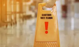 A man's hand placing down a yellow wet floor caution sign in a hallway.
