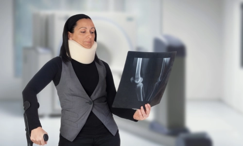 An injured woman wearing a neck brace while holding and examining an X-ray result.