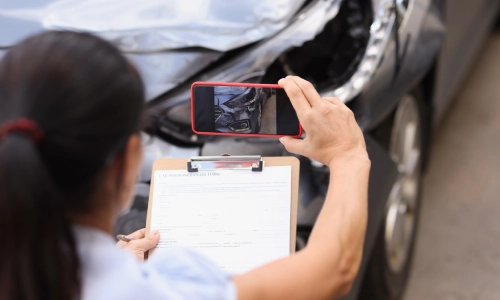 A McSwain personal injury lawyer taking photos as evidence for her client’s car crash case.