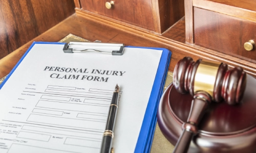 A personal injury claim form is placed beside a gavel hammer on the desk of a Ripon personal injury lawyer.