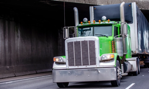 ਇੱਕ ਪੁਲ ਦੇ ਹੇਠਾਂ ਲੰਘਦੀ ਹਰੀ ਮਾਲ ਵਾਹਕ ਟਰੱਕ