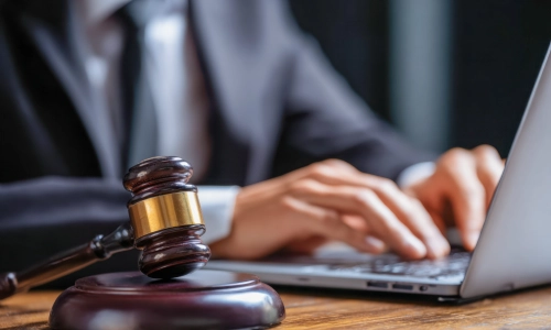 A personal injury lawyer serving California is working on a laptop as he sits at his office desk while a hammer and gavel lie in the foreground