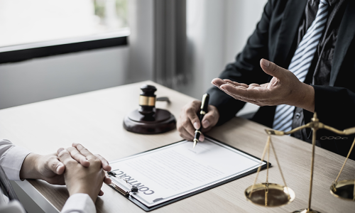 A California dog bite lawyer explaining the content of a legal document to a client who is sitting across the office desk